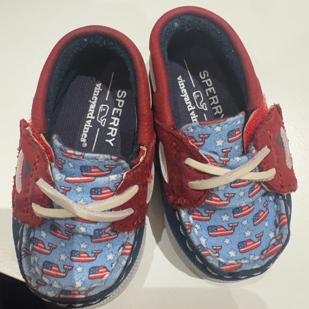 Sperry Kids' Red and Blue Whale Moccasins